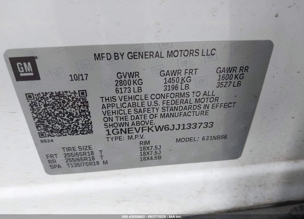 2018 CHEVROLET TRAVERSE VIN: 1GNEVFKW6JJ133733