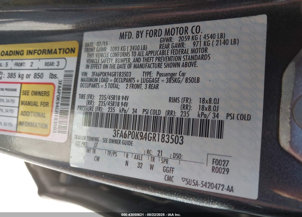 2016 FORD FUSION VIN: 3FA6P0K94GR183503