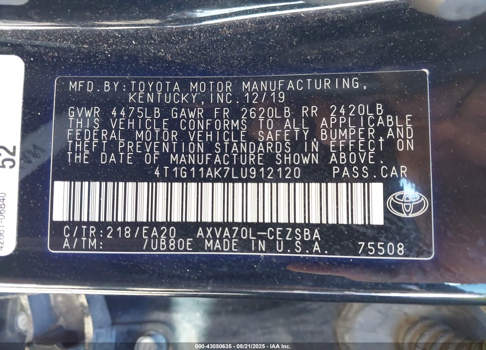 2020 TOYOTA CAMRY SE VIN: 4T1G11AK7LU912120