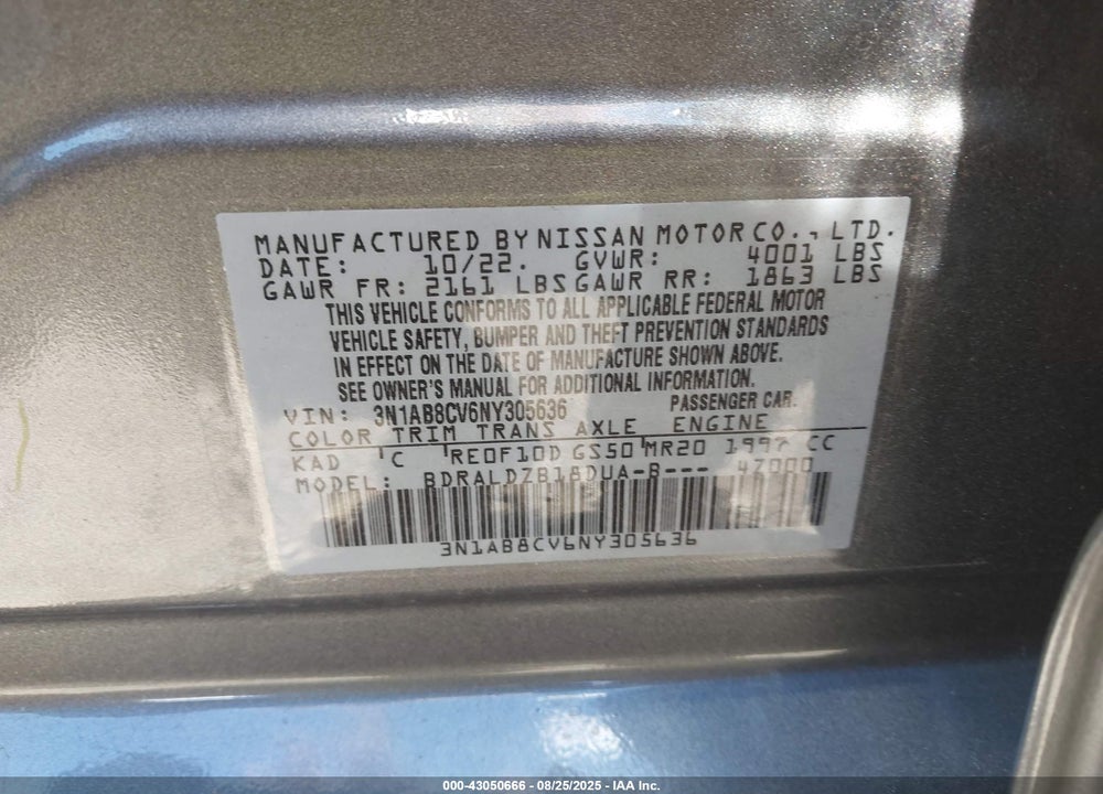 2022 NISSAN SENTRA VIN: 3N1AB8CV6NY305636