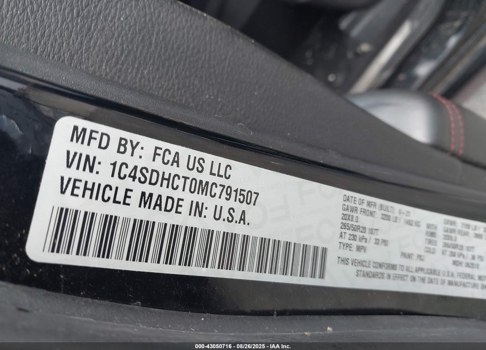 2021 DODGE DURANGO R/T RWD VIN: 1C4SDHCT0MC791507