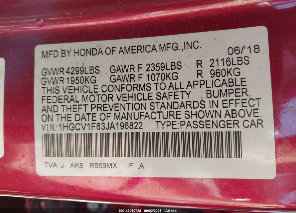 2018 HONDA ACCORD VIN: 1HGCV1F63JA196822