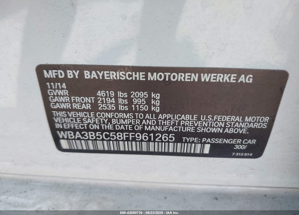 2015 BMW 328I XDRIVE VIN: WBA3B5C58FF961265
