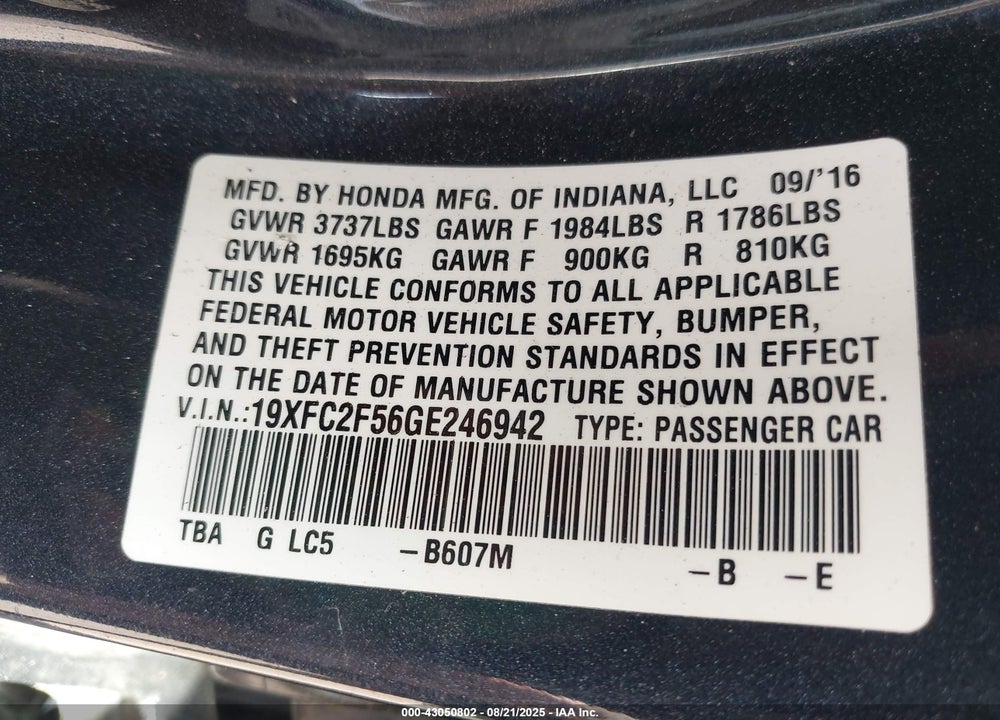 2016 HONDA CIVIC VIN: 19XFC2F56GE246942