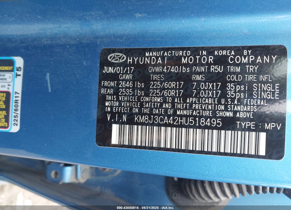 2017 HYUNDAI TUCSON VIN: KM8J3CA42HU518495