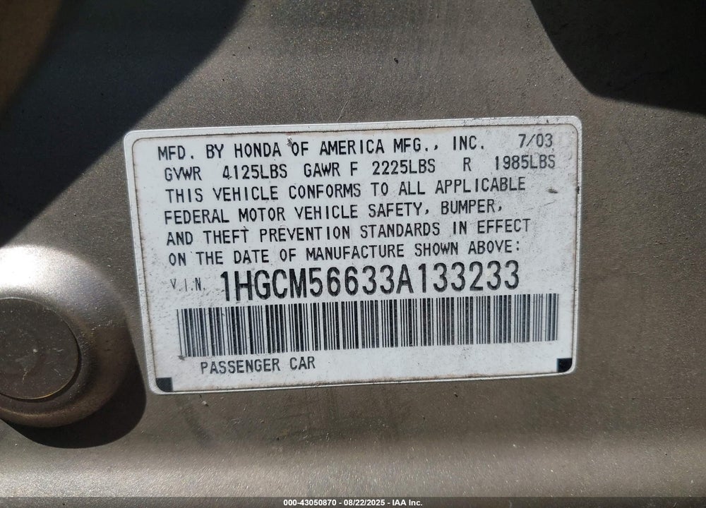 2003 HONDA ACCORD 2.4 EX VIN: 1HGCM56633A133233