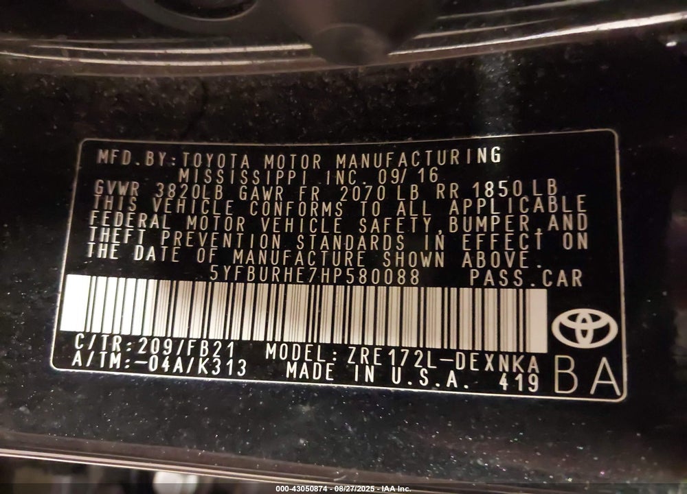 2017 TOYOTA COROLLA VIN: 5YFBURHE7HP580088