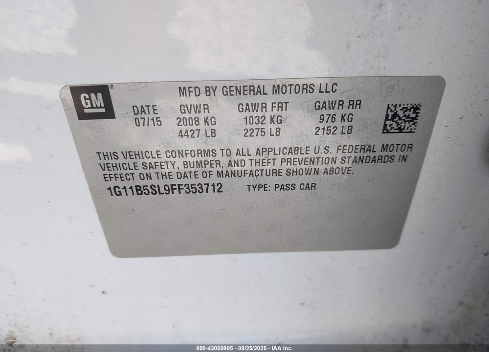 2015 CHEVROLET MALIBU VIN: 1G11B5SL9FF353712