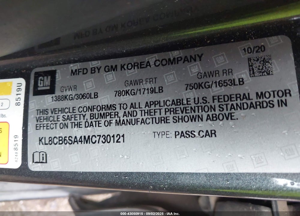 2021 CHEVROLET SPARK VIN: KL8CB6SA4MC730121
