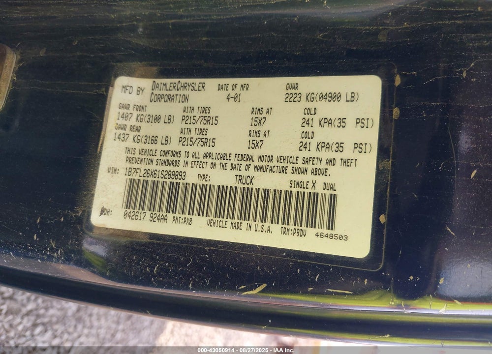 2001 DODGE DAKOTA SLT/SPORT VIN: 1B7FL26X61S289893
