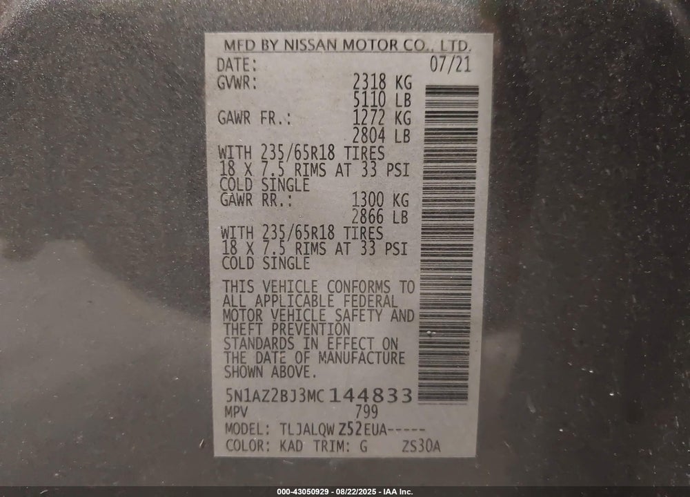 2021 NISSAN MURANO VIN: 5N1AZ2BJ3MC144833