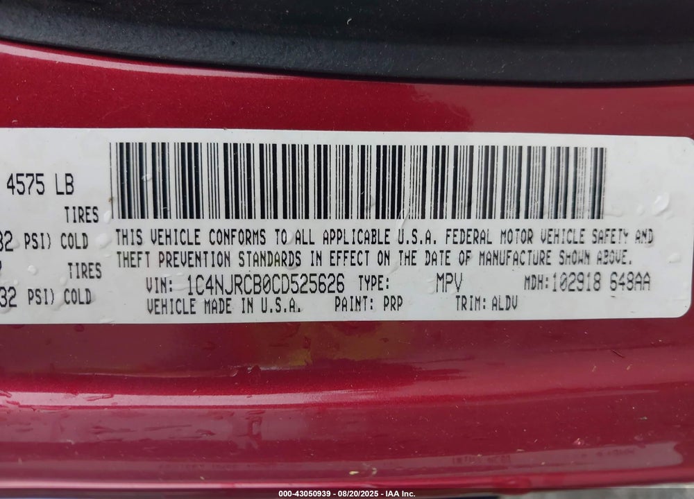 2012 JEEP PATRIOT LIMITED VIN: 1C4NJRCB0CD525626