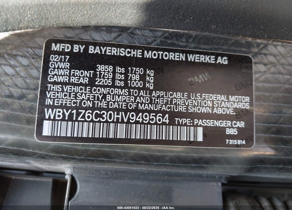 2017 BMW I3 VIN: WBY1Z6C30HV949564