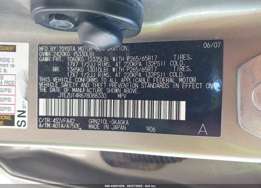 2007 TOYOTA 4RUNNER SR5 V6 VIN: JTEZU14R678088330