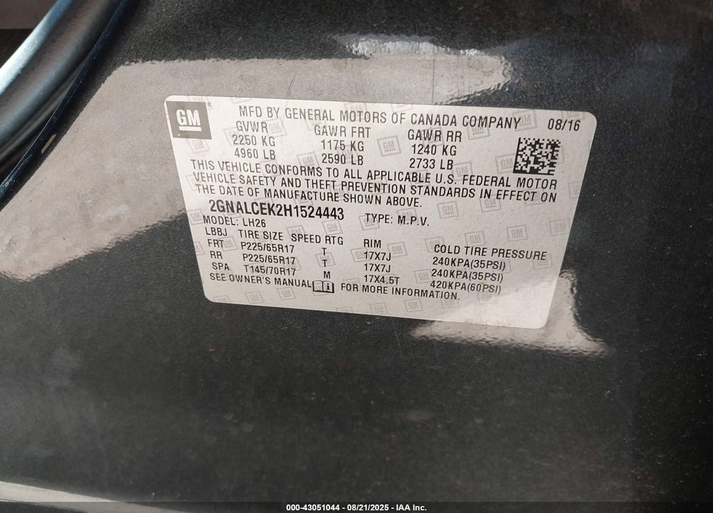 2017 CHEVROLET EQUINOX VIN: 2GNALCEK2H1524443
