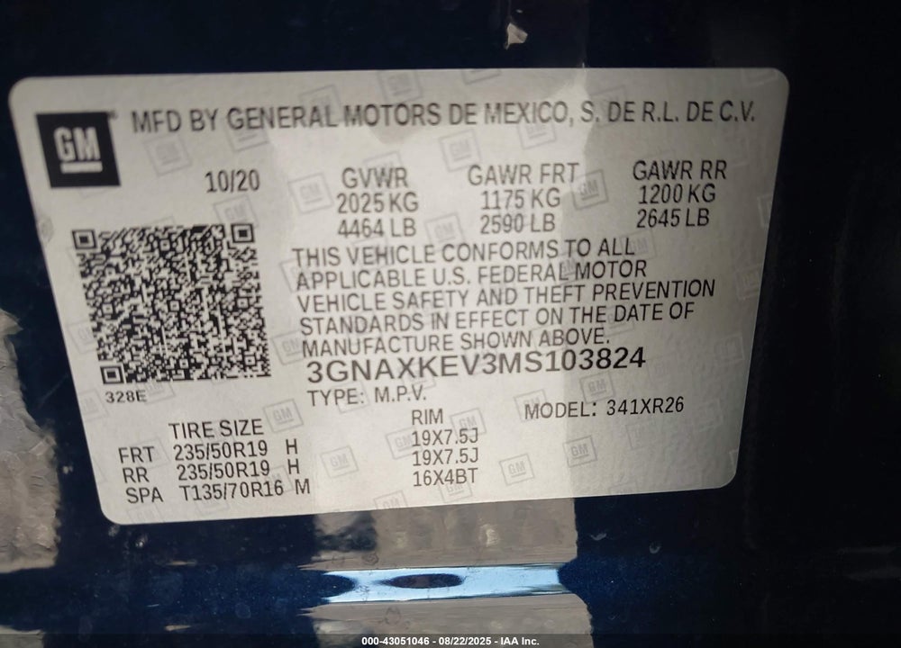 2021 CHEVROLET EQUINOX FWD LT VIN: 3GNAXKEV3MS103824