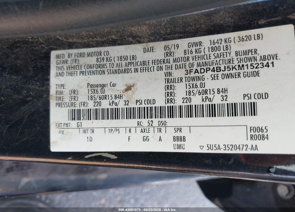 2019 FORD FIESTA VIN: 3FADP4BJ5KM152341