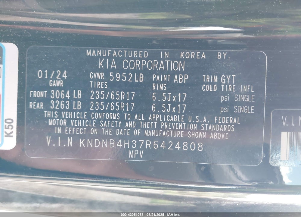 2024 KIA CARNIVAL MPV LX SEAT PACKAGE VIN: KNDNB4H37R6424808
