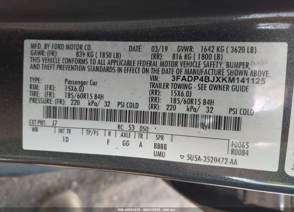 2019 FORD FIESTA VIN: 3FADP4BJXKM141125
