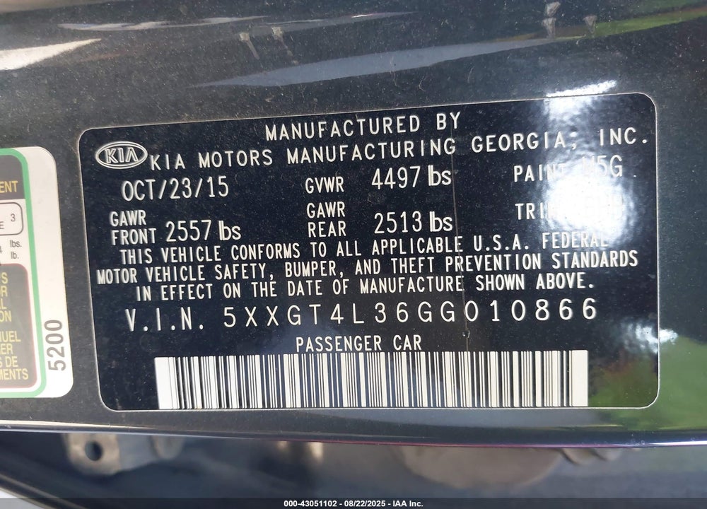 2016 KIA OPTIMA VIN: 5XXGT4L36GG010866