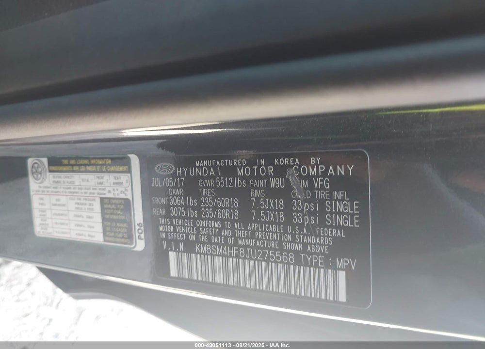 2018 HYUNDAI SANTA FE VIN: KM8SM4HF8JU275568