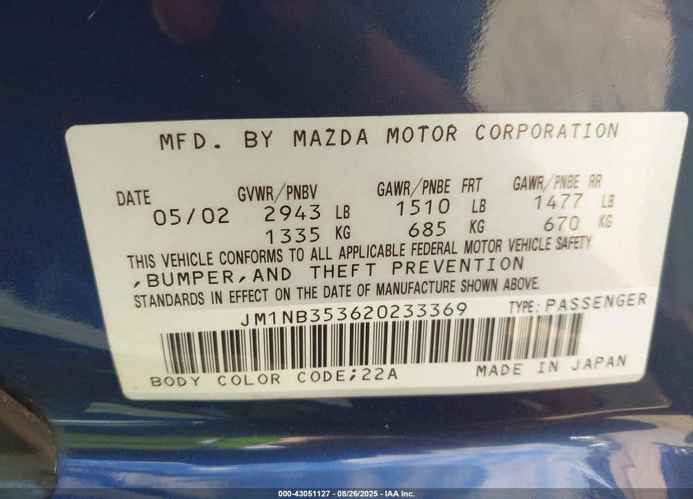 2002 MAZDA MX-5 MIATA CLOTH/LS/SE VIN: JM1NB353620233369