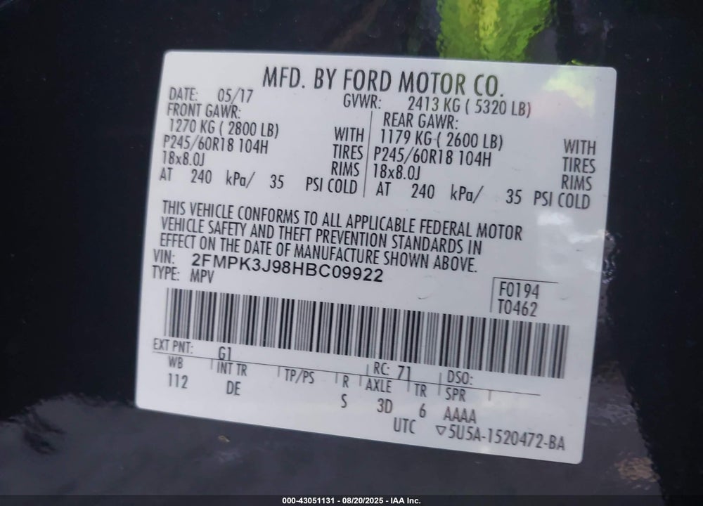 2017 FORD EDGE VIN: 2FMPK3J98HBC09922