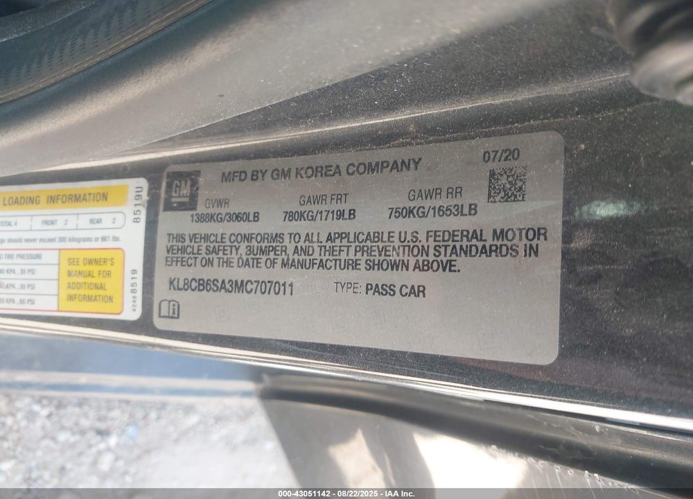 2021 CHEVROLET SPARK VIN: KL8CB6SA3MC707011