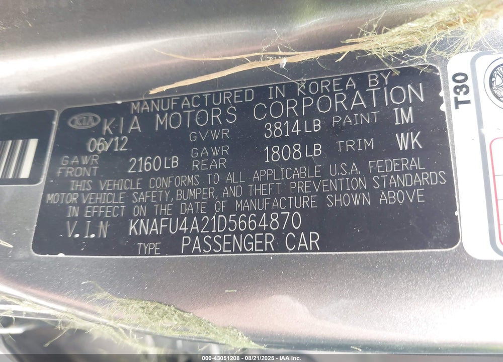 2013 KIA FORTE VIN: KNAFU4A21D5664870