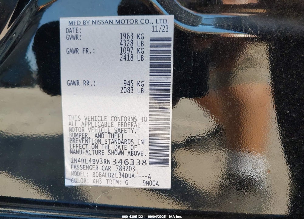 2024 NISSAN ALTIMA S FWD VIN: 1N4BL4BV3RN346338