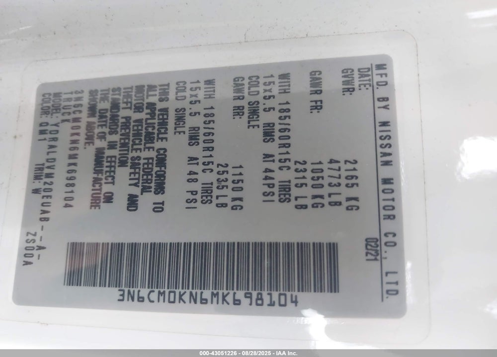 2021 NISSAN NV200  CARGO S XTRONIC CVT VIN: 3N6CM0KN6MK698104