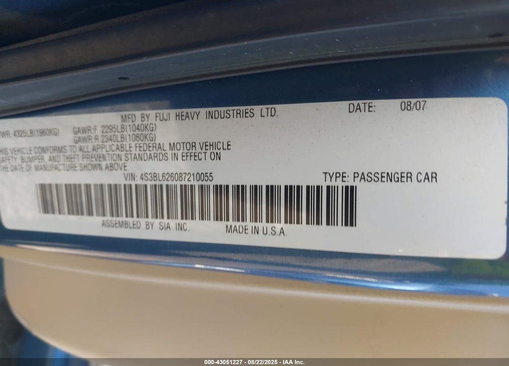 2008 SUBARU LEGACY VIN: 4S3BL626087210055