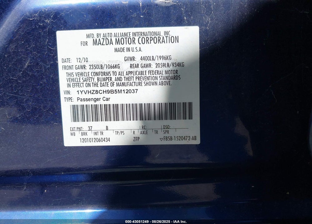 2011 MAZDA 6 VIN: 1YVHZ8CH9B5M12037
