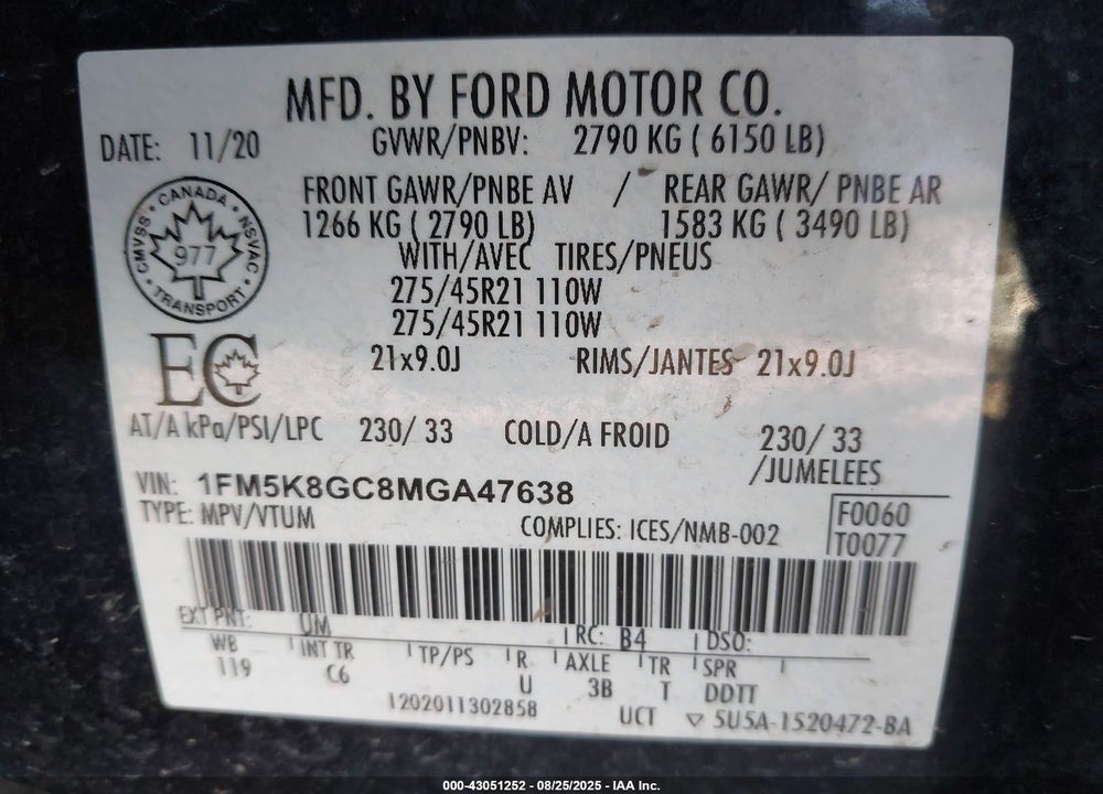 2021 FORD EXPLORER VIN: 1FM5K8GC8MGA47638