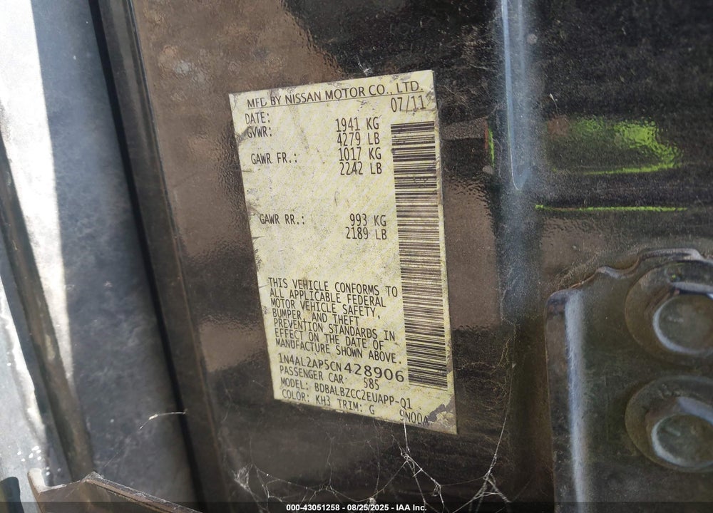 2012 NISSAN ALTIMA VIN: 1N4AL2AP5CN428906