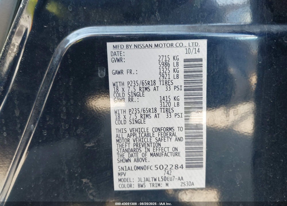 2015 INFINITI QX60 VIN: 5N1AL0MN0FC502284