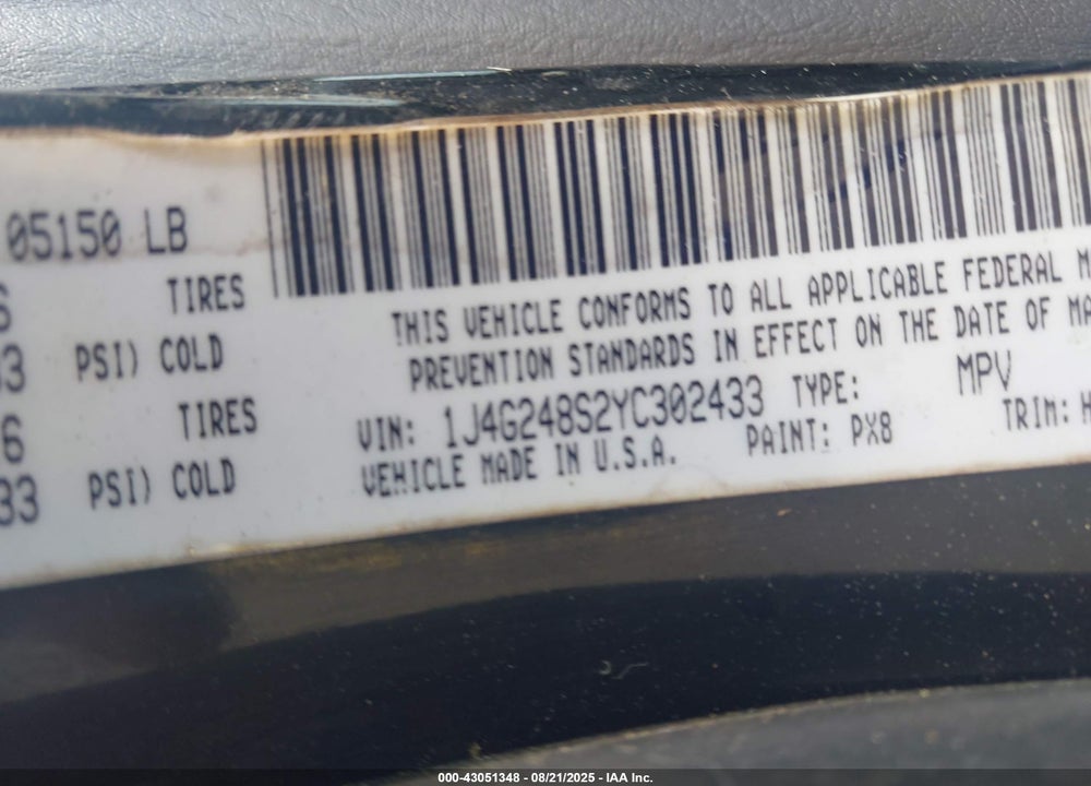 2000 JEEP GRAND CHEROKEE LAREDO VIN: 1J4G248S2YC302433