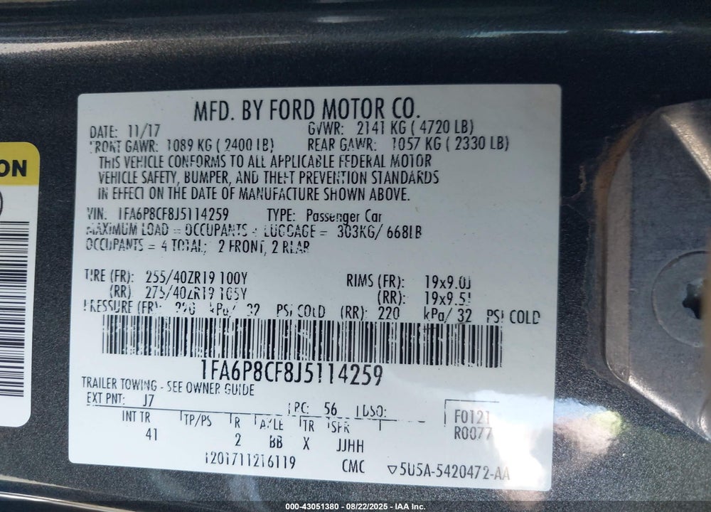 2018 FORD MUSTANG VIN: 1FA6P8CF8J5114259