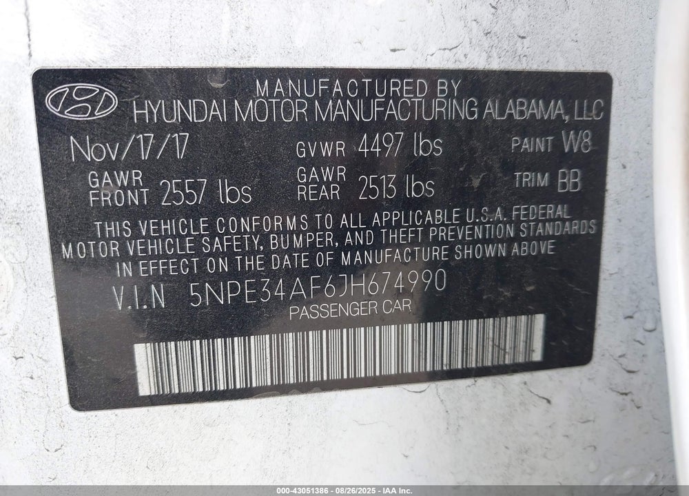 2018 HYUNDAI SONATA VIN: 5NPE34AF6JH674990