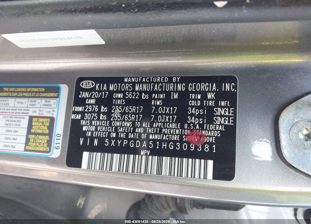 2017 KIA SORENTO VIN: 5XYPGDA51HG309381