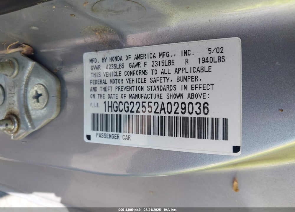 2002 HONDA ACCORD 3.0 EX VIN: 1HGCG22552A029036