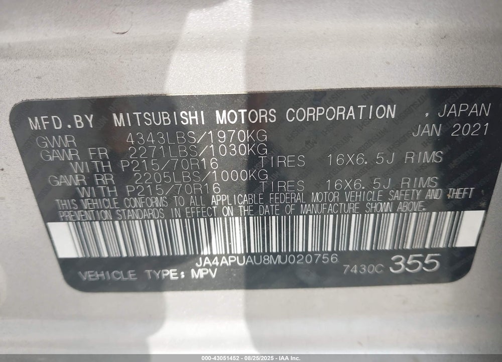 2021 MITSUBISHI OUTLANDER SPORT 2.0 BE 2WD/2.0 ES 2WD/2.0 LE 2WD/2.0 S 2WD VIN: JA4APUAU8MU020756