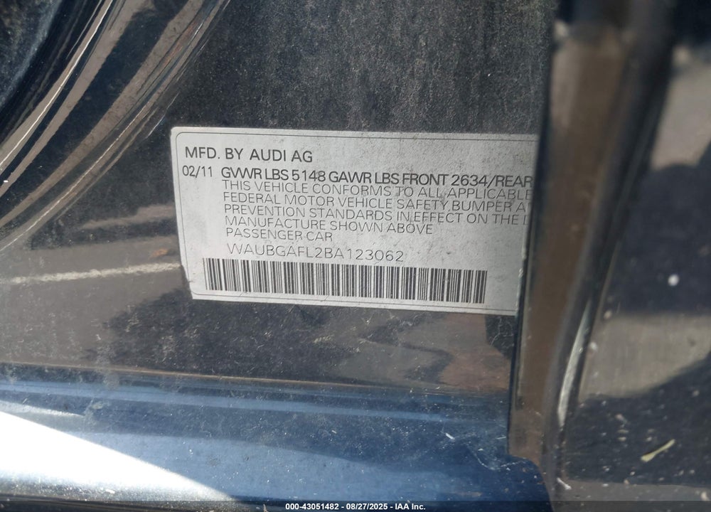 2011 AUDI S4 3.0 PREMIUM PLUS VIN: WAUBGAFL2BA123062