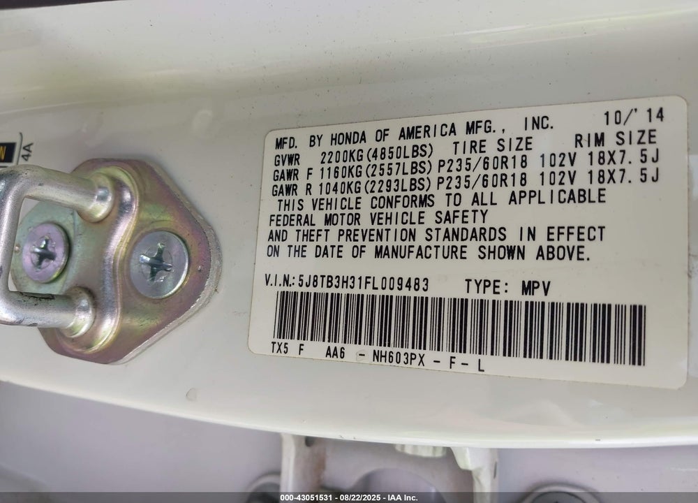 2015 ACURA RDX VIN: 5J8TB3H31FL009483