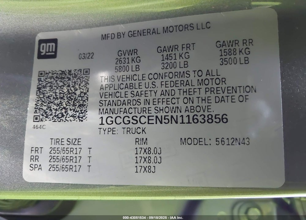 2022 CHEVROLET COLORADO VIN: 1GCGSCEN5N1163856