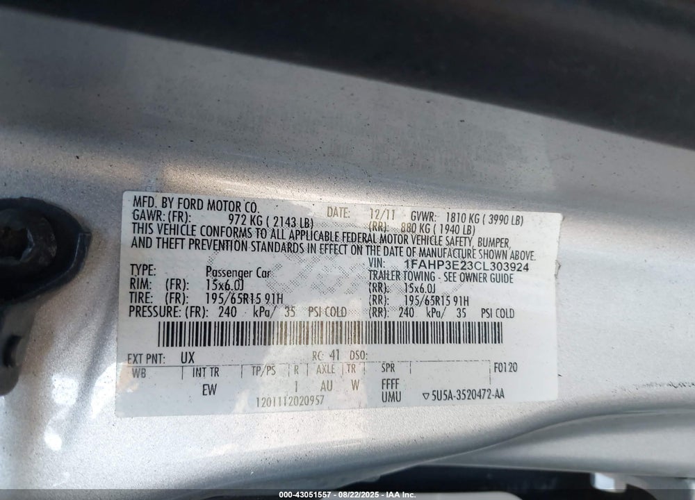 2012 FORD FOCUS VIN: 1FAHP3E23CL303924