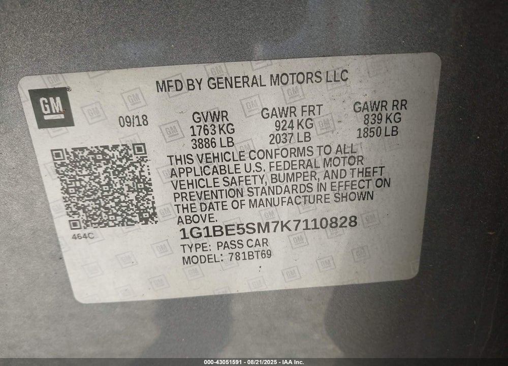 2019 CHEVROLET CRUZE LT VIN: 1G1BE5SM7K7110828