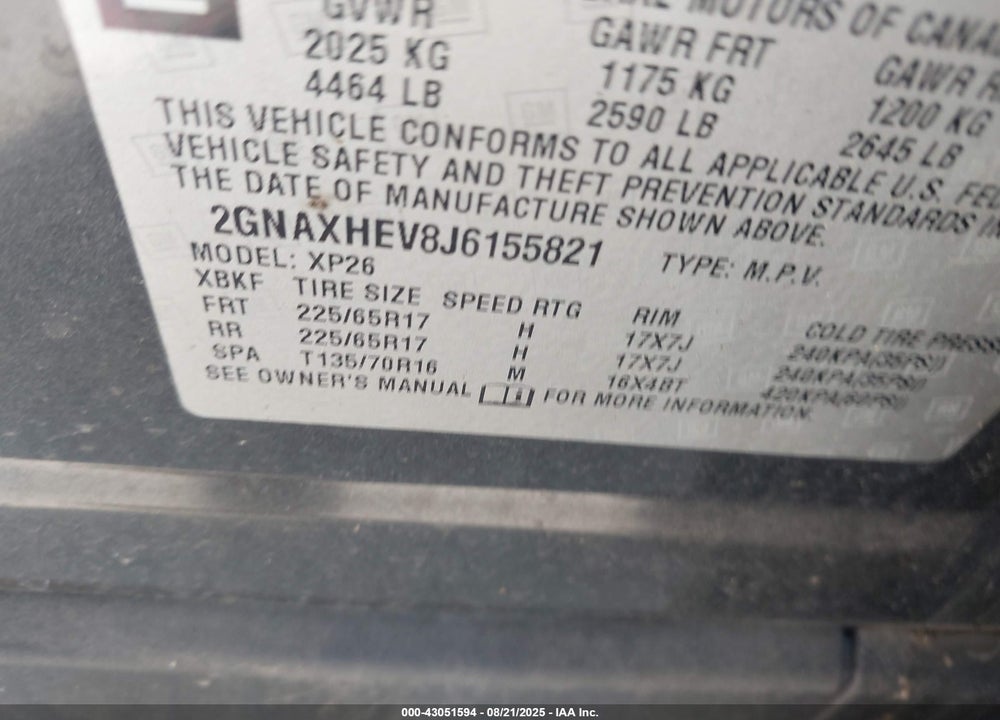2018 CHEVROLET EQUINOX VIN: 2GNAXHEV8J6155821