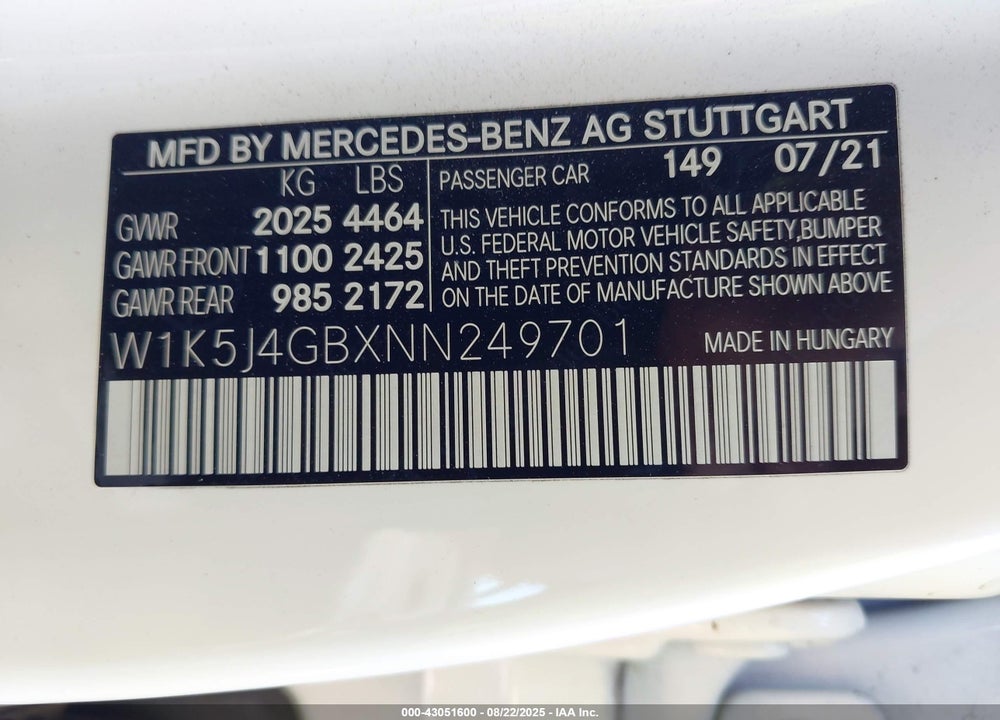 2022 MERCEDES-BENZ CLA-CLASS VIN: W1K5J4GBXNN249701