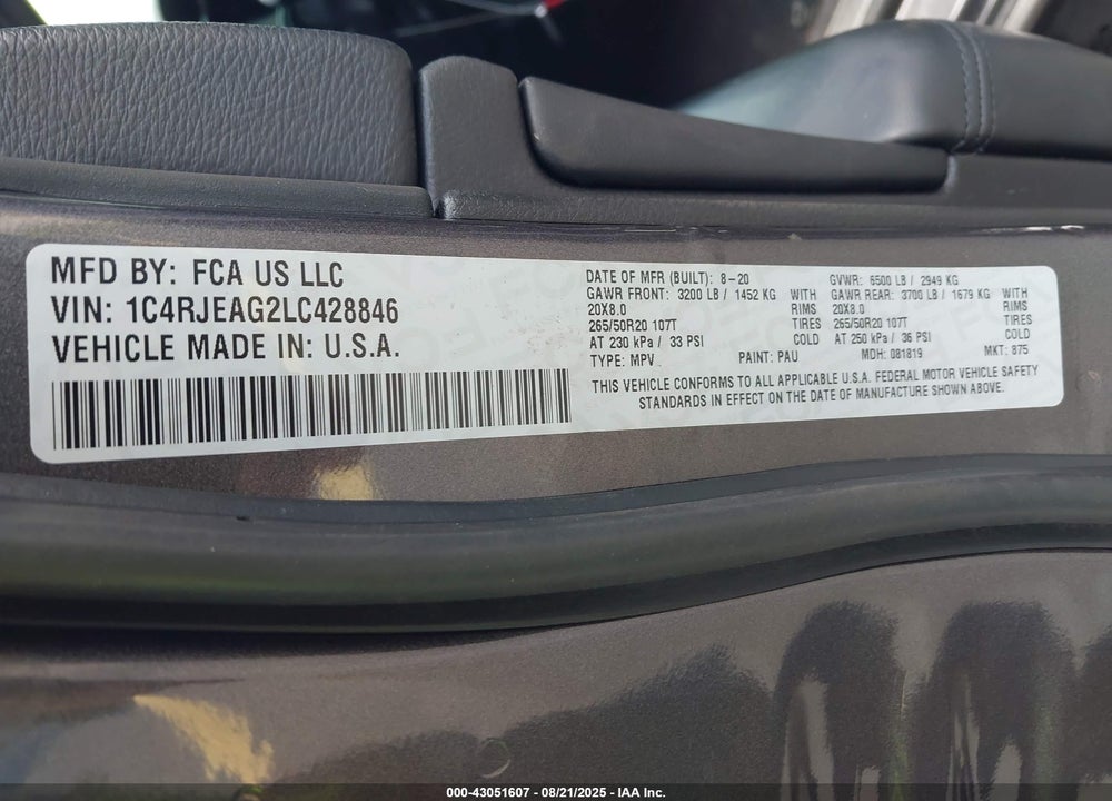 2020 JEEP GRAND CHEROKEE VIN: 1C4RJEAG2LC428846